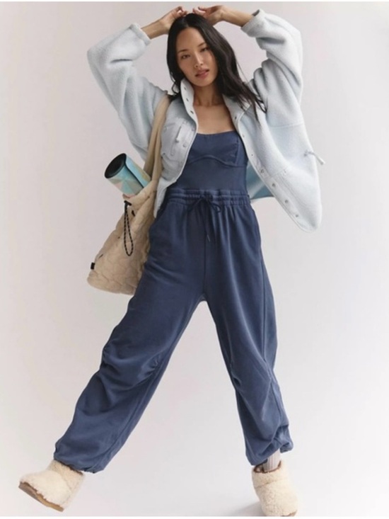 Free People Pants - Free People Navy Blue Drawstring Track Jumpsuit